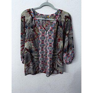 Figueroa & Flower feather print multicolor blouse women size PL